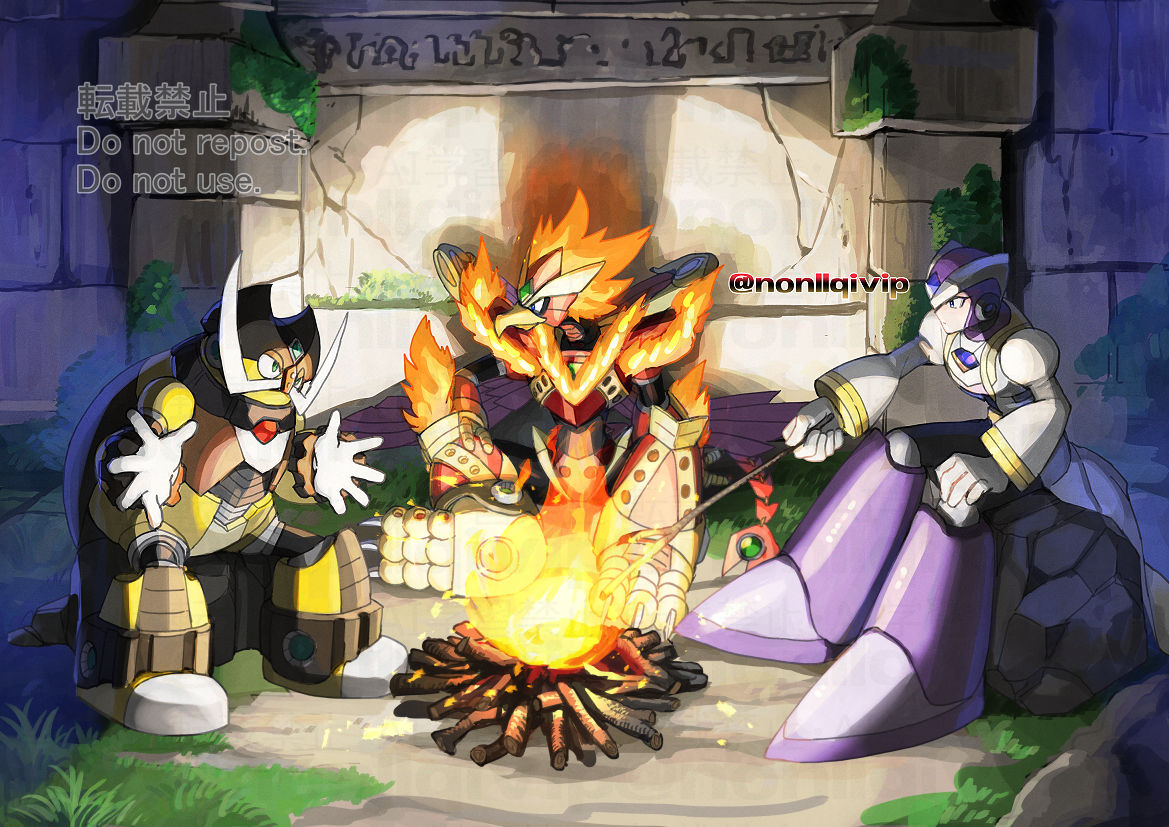 3boys, armor, beak, bird, blaze_heatnix_(mega_man), bug, campfire, coat