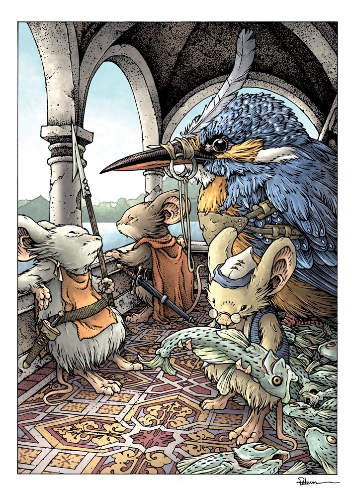 3boys, bird, blue_bird, border, cape, commentary, david_petersen, english_commentary, fantasy, full_body, furry, furry_male, glasses, male_focus, mouse_boy, mouseguard_(comic), multiple_boys, no_humans, official_art, polearm, rug, spear, sword, weapon, western_comics_(style), white_border