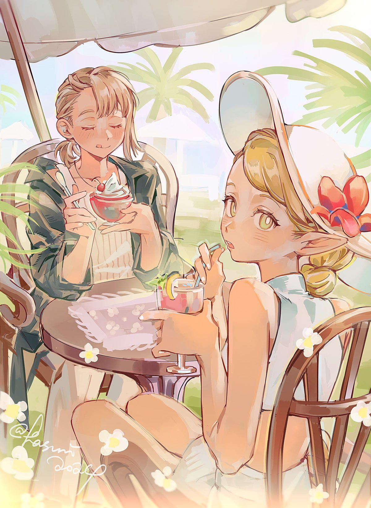 2girls, blonde_hair, closed_eyes, dress, drink, dungeon_meshi, elf, falin_touden