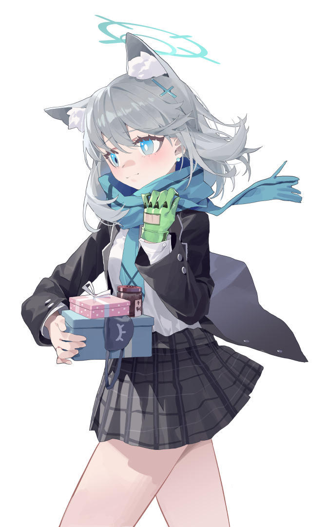 1girl, animal_ear_fluff, animal_ears, black_jacket, black_skirt, blue_archive, blue_eyes, blue_halo