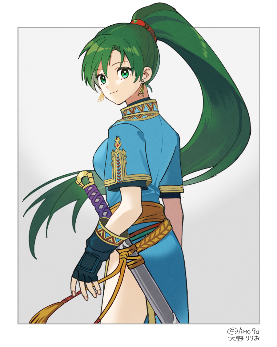 blue_dress, dress, earrings, fingerless_gloves, fire_emblem, fire_emblem:_the_blazing_blade, gloves, green_eyes