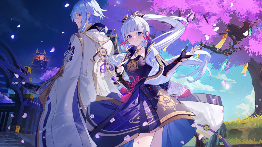 1boy, 1girl, arm_guards, armor, armored_dress, black_gloves, blue_dress, blue_eyes