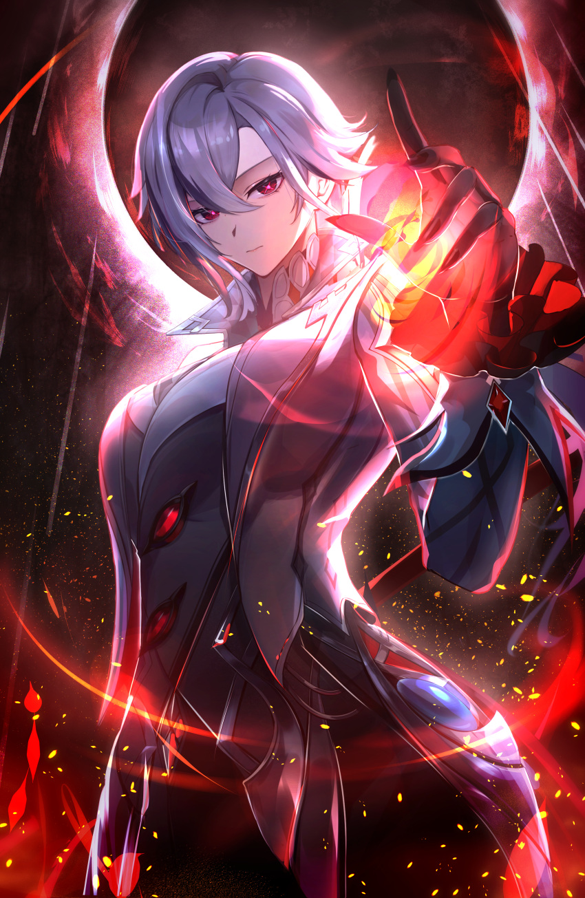 1girl, absurdres, arlecchino_(genshin_impact), black_background, black_eyes, black_hair, black_hands, black_hole