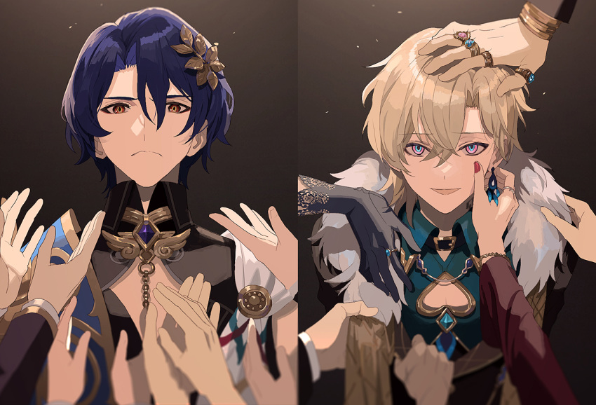 2boys, 6+others, applause, aventurine_(honkai:_star_rail), belt_collar, blonde_hair, blue_hair, brown_background