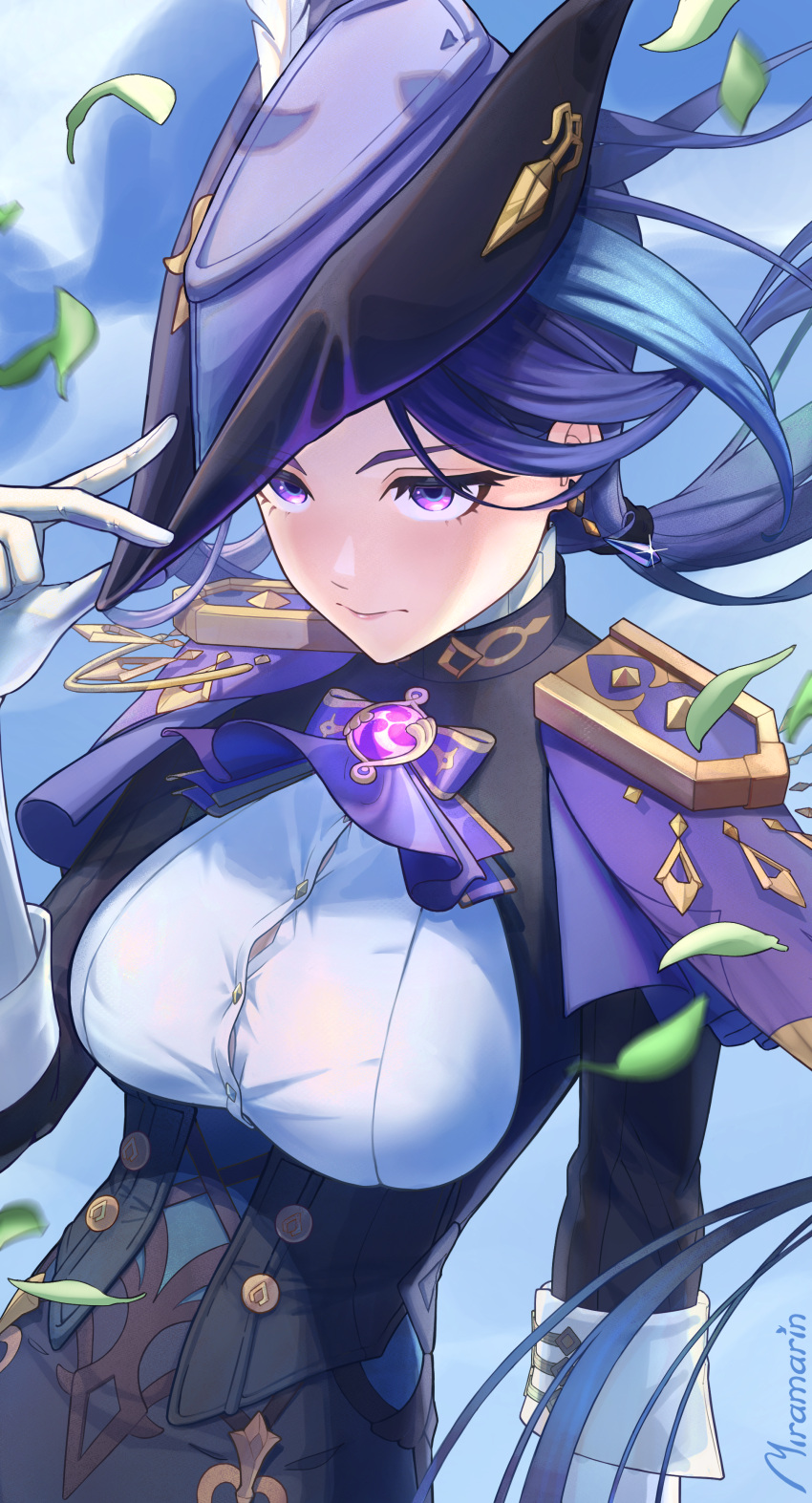 1girl, absurdres, ascot, black_corset, black_skirt, blue_hair, blue_hat, breasts