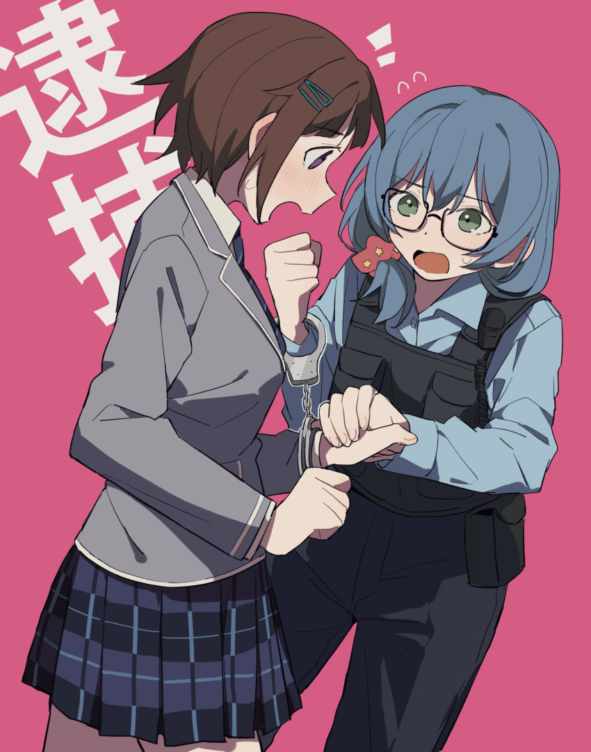 2girls, asahi_rokka, bang_dream!, blazer, blue_hair, blue_necktie, blue_pants, blue_shirt
