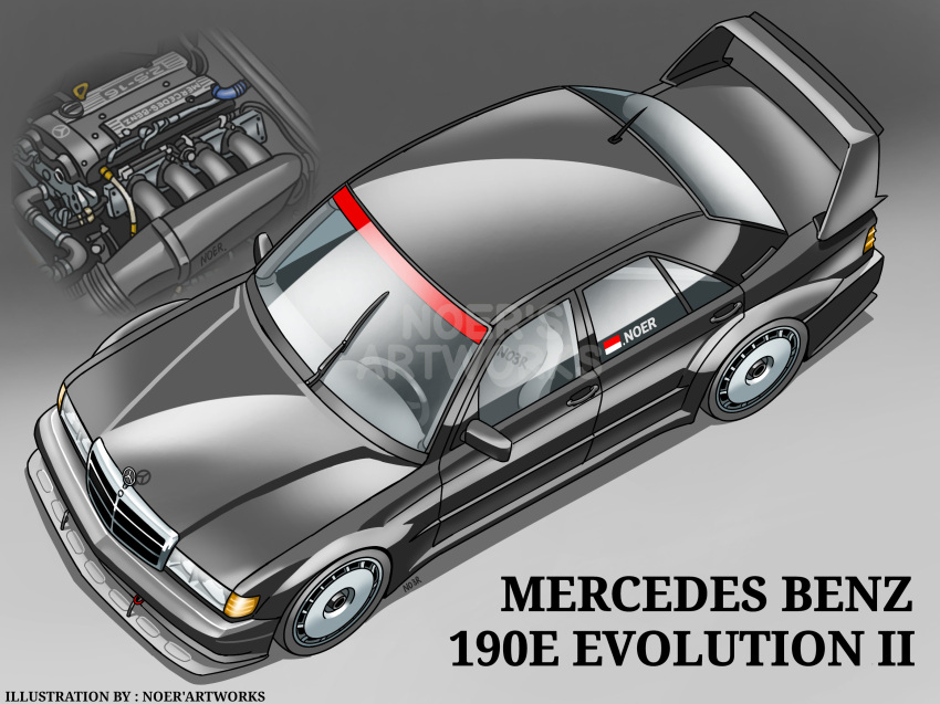 artist_name, black_car, car, from_above, highres, indonesian_flag, mercedes-benz, mercedes-benz_190e