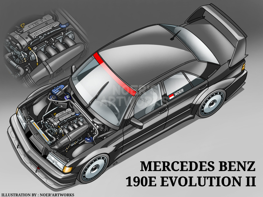 artist_name, black_car, car, engine, from_above, highres, indonesian_flag, mercedes-benz