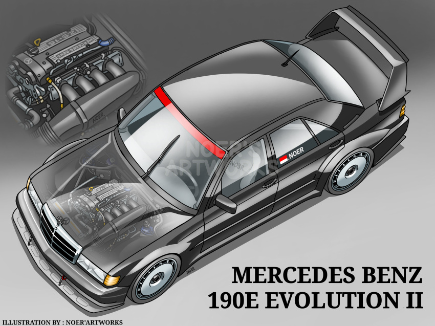 artist_name, black_car, car, engine, from_above, highres, indonesian_flag, mercedes-benz
