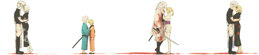 bandages, blonde_hair, blood, child, couple, gintama, katana, kimono