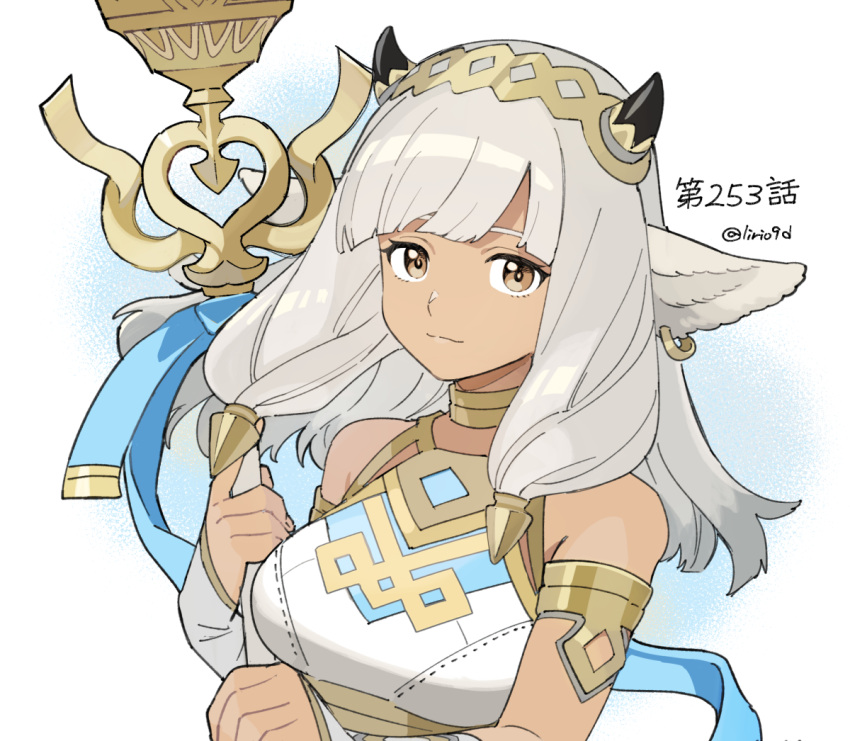 1girl, animal_ears, ash_(fire_emblem), bicep_strap, black_horns, breasts, brown_eyes, cow_ears