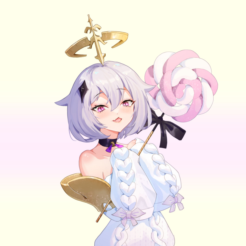 1girl, aged_up, alternate_costume, bare_shoulders, black_choker, black_ribbon, boller_jiang, bow, candy, choker, collarbone, crystal_hair_ornament, double-parted_bangs, fang, food, genshin_impact, ghost_pose, gradient_background, hair_between_eyes, hair_flaps, halo, highres, holding, holding_candy, holding_food, holding_lollipop, light_blush, lollipop, looking_at_viewer, off-shoulder_sweater, off_shoulder, open_mouth, oversized_food, oversized_object, paimon_(genshin_impact), pendant_choker, pink_bow, pink_hair, raised_eyebrows, ribbon, short_hair, skin_fang, sleeve_bow, sleeves_past_fingers, sleeves_past_wrists, slit_pupils, sweater, tsurime, violet_eyes, white_sweater, yellow_background