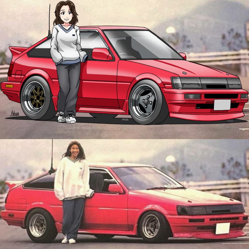 1girl, animification, black_pants, breasts, brown_eyes, collarbone, highres, medium_breasts, noerartworks, pants, parted_lips, photo-referenced, photo_background, radio_antenna, real_life, red_car, reference_inset, shoes, sleeves_past_fingers, sleeves_past_wrists, smile, sneakers, solo, sweater, sweatpants, toyota, toyota_sprinter_trueno, vehicle_focus, white_footwear, white_sweater