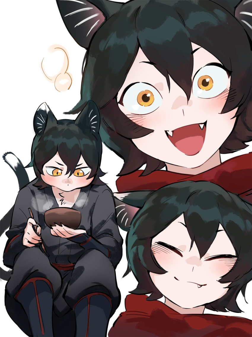 1girl, :d, animal_ear_fluff, animal_ears, arm_guards, black_hair, blush, bowl
