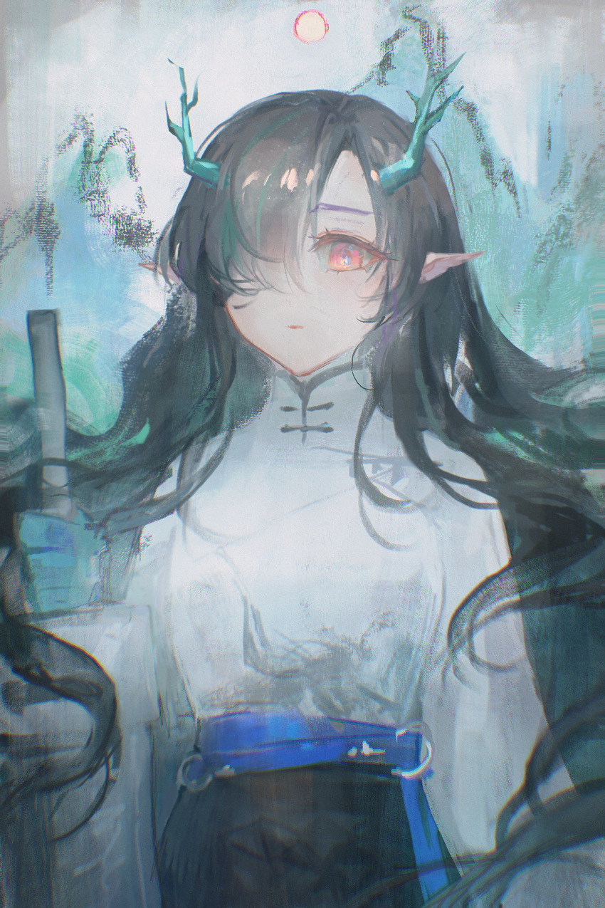 1girl, ambience_synesthesia, arknights, black_hair, black_skirt, blue_ribbon, dragon_girl, dragon_horns