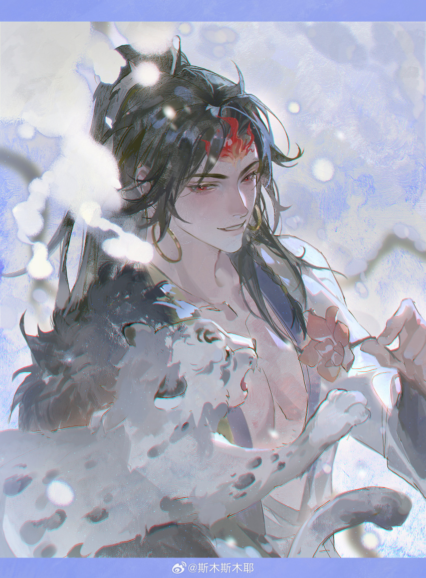 1boy, absurdres, animal, asura_(onmyoji), bare_pectorals, black_hair, blurry, blush