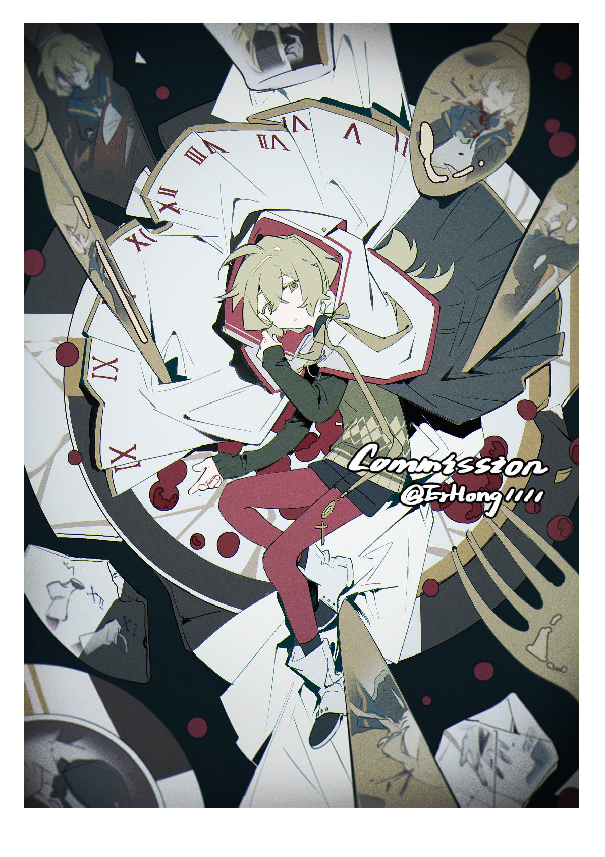 1girl, argyle_clothes, argyle_vest, artist_name, black_background, black_cape, black_shorts, blonde_hair, blood_drop, boots, border, cape, closed_mouth, commentary, commission, crack, detached_hood, english_commentary, expressionless, fork, full_body, gold_fork, gold_knife, gold_spoon, green_vest, hair_between_eyes, hair_through_hood, highres, hood, hood_up, knife, long_hair, lying, on_side, original, oversized_object, pantyhose, red_pantyhose, reflection, short_shorts, shorts, solo, spoon, sweater_vest, vest, watermark, white_border, white_footwear, white_hood, yellow_eyes, yuhong