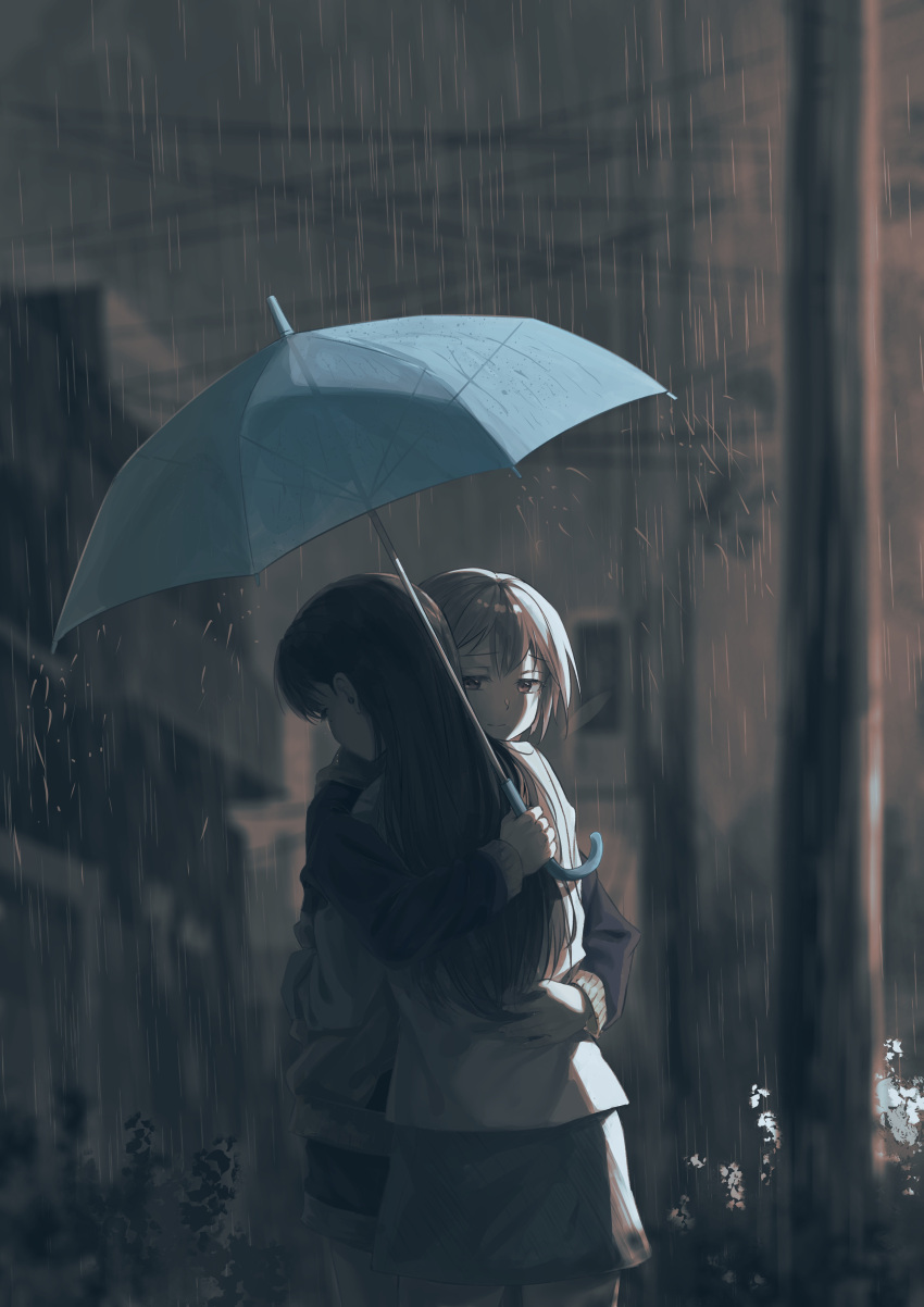 2girls, absurdres, bang_dream!, bang_dream!_it's_mygo!!!!!, blue_hoodie, blue_umbrella, brown_hair, building