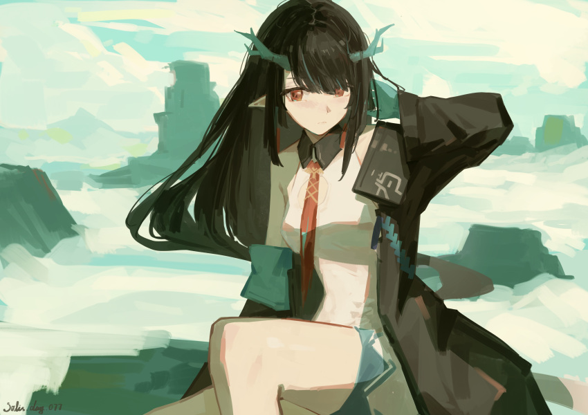 1girl, 1solis000, absurdres, arknights, black_hair, dragon_girl, dragon_horns, dusk_(arknights)