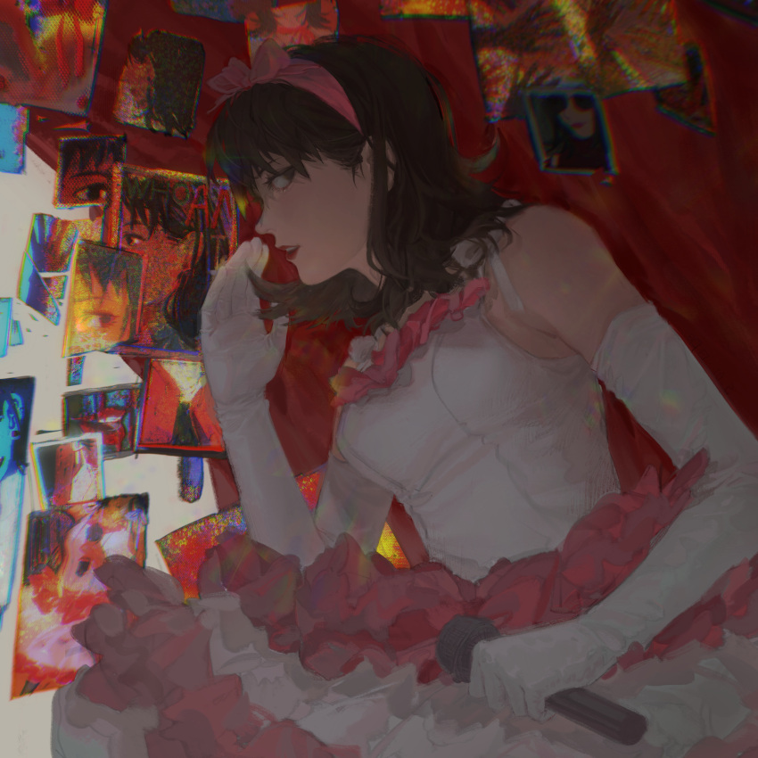 1girl, absurdres, bare_shoulders, black_hair, breasts, brown_eyes, commentary, cowboy_shot