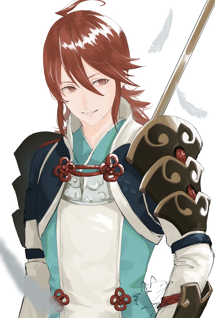 1boy, ahoge, armor, fire_emblem, fire_emblem_fates, hair_between_eyes, holding, holding_polearm
