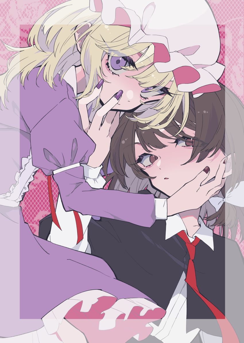 2girls, absurdres, black_capelet, black_skirt, blonde_hair, bow, brown_eyes, brown_hair