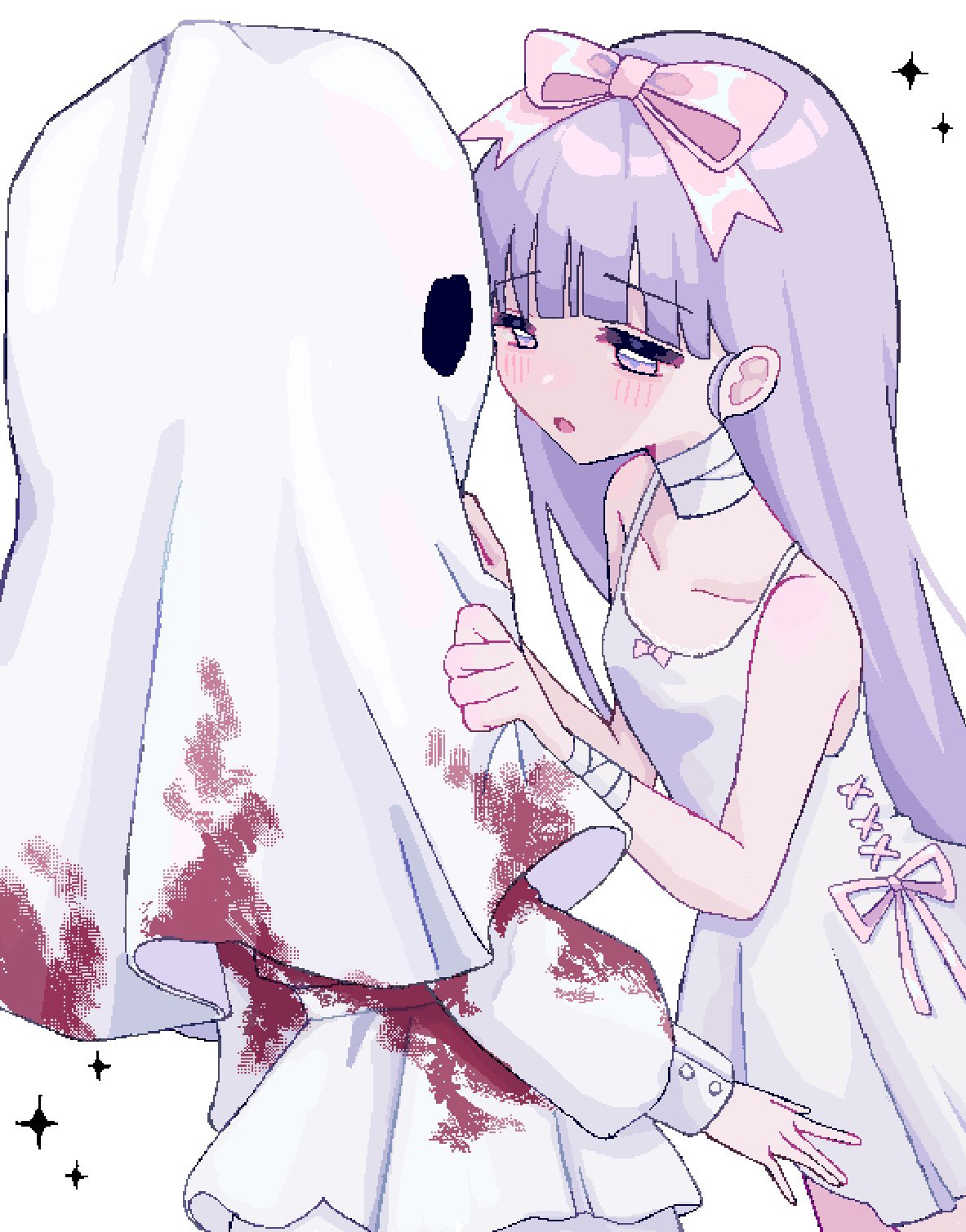 1girl, 1other, bandaged_neck, bandages, bare_arms, bare_shoulders, blood, blood_on_clothes