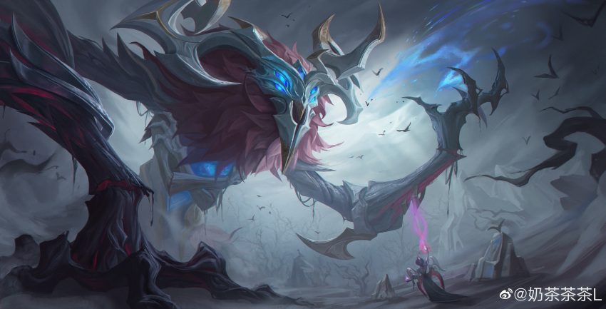 1girl, 1other, absurdres, arm_up, artist_name, bird, branch, clouds, cloudy_sky, coven_morgana, extra_eyes, fog, forest, glowing, glowing_eyes, highres, ivern, league_of_legends, morgana_(league_of_legends), multiple_wings, naichacha, nature, night, official_alternate_costume, official_alternate_hairstyle, old_god_ivern, outdoors, rock, signature, sky, standing, summoning, tree, wings