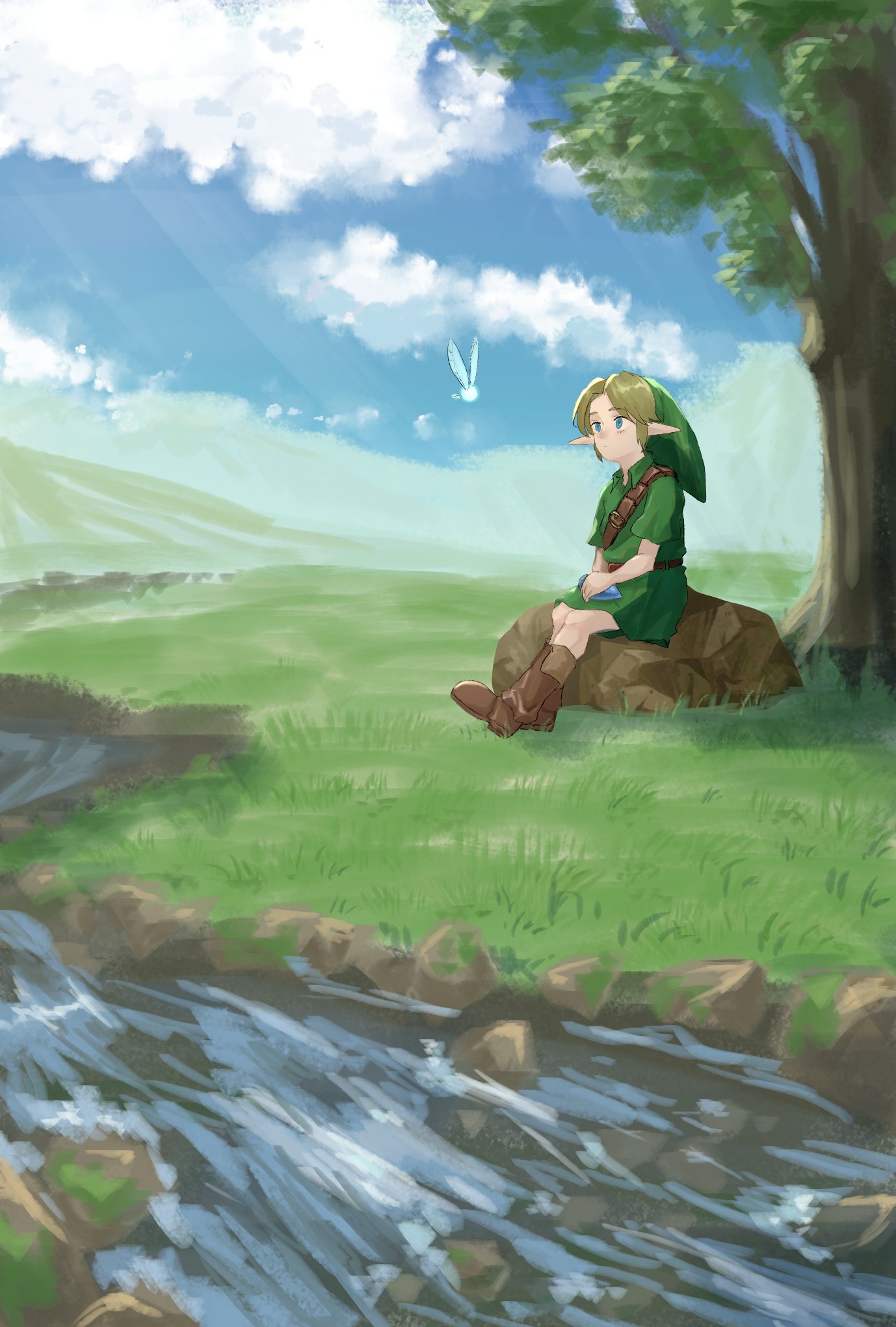 1boy, boots, brown_footwear, clouds, cloudy_sky, fairy, fire_emblem, grass, green_tunic, highres, holding_ocarina, leather, leather_boots, link, navi, outdoors, river, rock, sitting, sitting_on_rock, sky, the_legend_of_zelda, the_legend_of_zelda:_ocarina_of_time, tree, young_link, yuuyou_(link1357zelda)