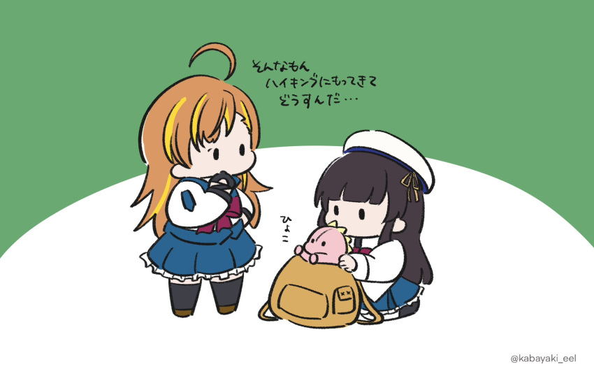 2girls, ahoge, assault_lily, backpack, bag, beret, black_footwear, black_gloves