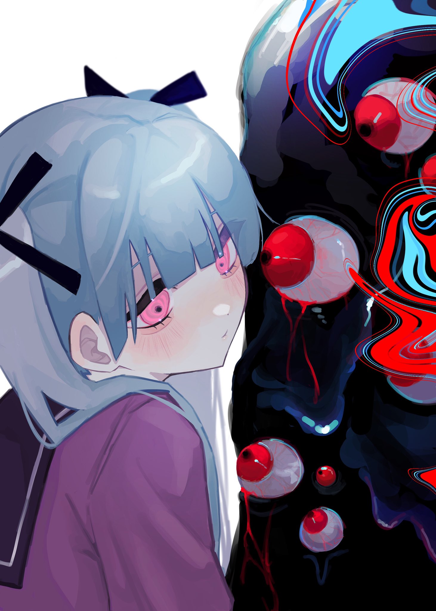1girl, abstract_background, aqua_hair, black_ribbon, black_sailor_collar, blood, blood_from_eyes, blunt_bangs