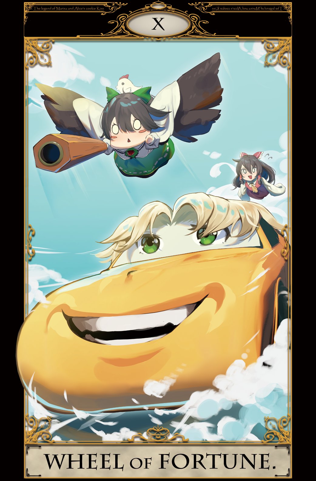 2girls, arm_cannon, beji-tarot_(medium), bird, bird_wings, black_hair, black_wings, blonde_hair