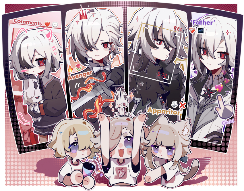 2boys, 2girls, :d, aged_down, animal_ears, arlecchino_(genshin_impact), axue, black_eyes, black_hair, black_hands, black_ribbon, black_shirt, black_skirt, blonde_hair, blush_stickers, bow, bowtie, cat_ears, cat_girl, cat_tail, child, closed_mouth, coat, commentary_request, cross-shaped_pupils, crossed_bangs, drawn_crown, drawn_ears, drawn_tail, emoji, english_text, expressionless, facial_mark, fire, flower, freckles, freminet_(genshin_impact), frown, fur-trimmed_coat, fur_trim, genshin_impact, grey_hair, hair_over_one_eye, heart, highres, holding, holding_party_popper, holding_sword, holding_weapon, jacket, long_hair, looking_at_viewer, lynette_(genshin_impact), lyney_(genshin_impact), multicolored_hair, multiple_boys, multiple_girls, one_eye_covered, party_popper, print_shirt, ribbon, shirt, short_hair, skirt, smile, sparkle, sparkling_heart_emoji, star_(symbol), star_facial_mark, streaked_hair, stuffed_toy, sword, symbol-shaped_pupils, t-shirt, tail, teardrop_facial_mark, viewfinder, violet_eyes, weapon, weighing_scale, white_bow, white_bowtie, white_hair, white_jacket, white_shirt
