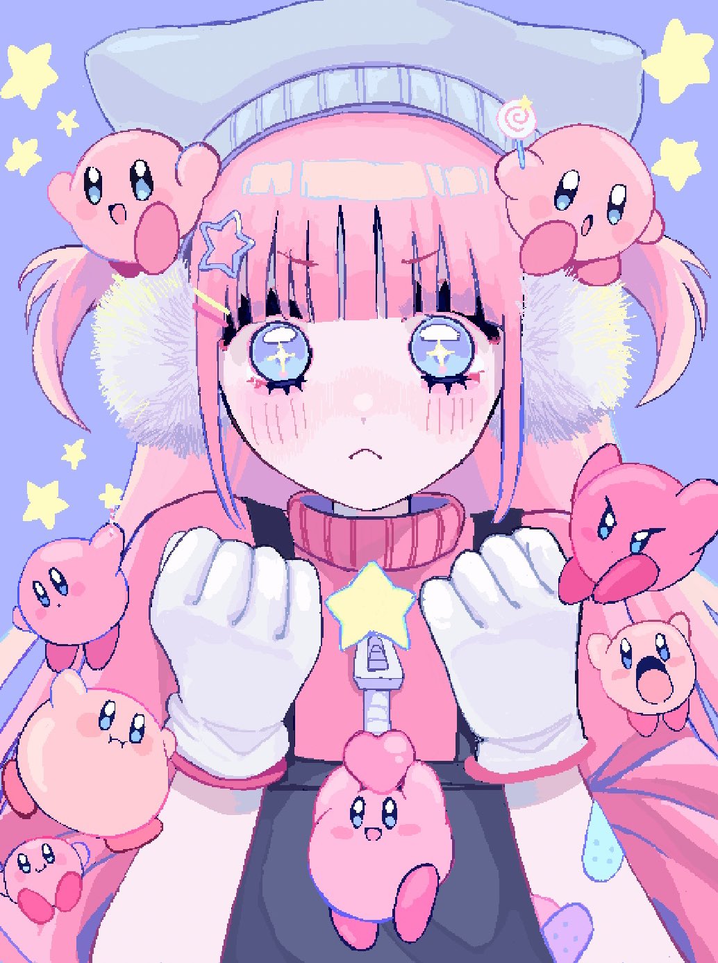 +_+, 1girl, animal_hat, bandaid, bandaid_on_arm, beanie, black_overalls, blue_background