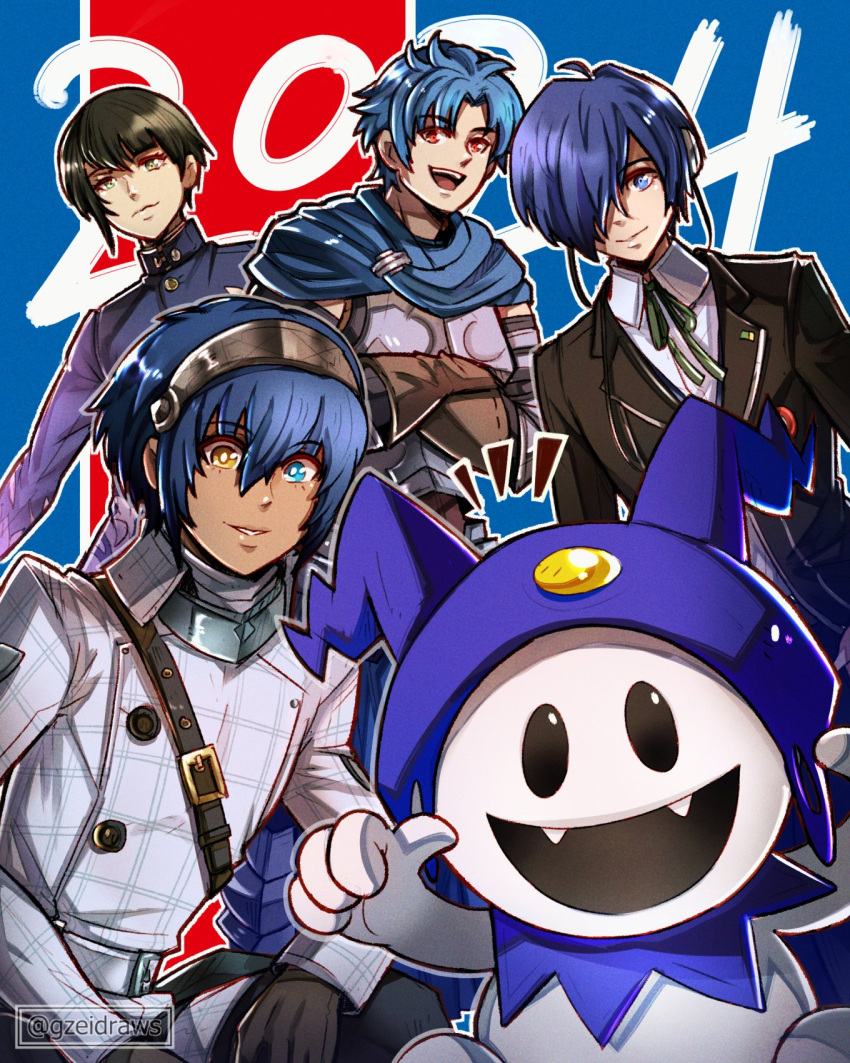 2024, 4boys, alain_(unicorn_overlord), atlus, black_hair, black_suit, blue_background, blue_cape, blue_eyes, blue_hair, cape, commentary, company_connection, english_commentary, fangs, gekkoukan_high_school_uniform, gzei, hair_over_one_eye, hairband, heterochromia, highres, jack_frost_(megami_tensei), looking_at_viewer, metaphor:_refantazio, multiple_boys, notice_lines, open_mouth, persona, persona_3, persona_3_reload, protagonist_(metaphor:_refantazio), protagonist_(smtv), red_background, red_eyes, school_uniform, shin_megami_tensei, shin_megami_tensei_v, shirt, short_hair, smile, suit, two-tone_background, unicorn_overlord, white_shirt, yellow_eyes, yuuki_makoto_(persona_3)