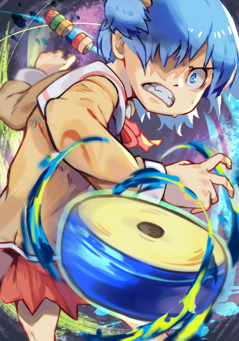 1girl, blue_eyes, blue_hair, clenched_teeth, commentary, cube_hair_ornament, daruma_otoshi, english_commentary, foreshortening, hair_ornament, hair_over_one_eye, leobearboy, naganohara_mio, neck_ribbon, nichijou, pleated_skirt, red_ribbon, red_skirt, ribbon, sailor_collar, sanpaku, school_uniform, short_hair, short_twintails, skirt, solo, teeth, tokisadame_school_uniform, twintails, upper_body, v-shaped_eyebrows
