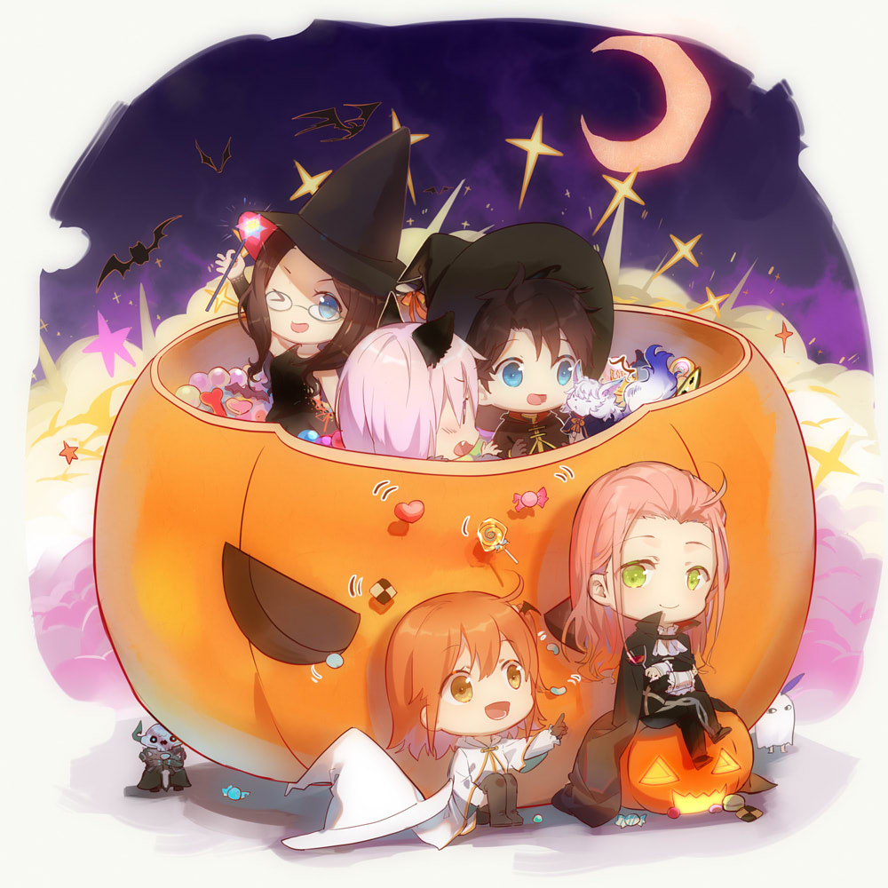 <o>_<o>, 2boys, 3girls, ahoge, animal_ears, arm_up, ascot, bat_hair_ornament