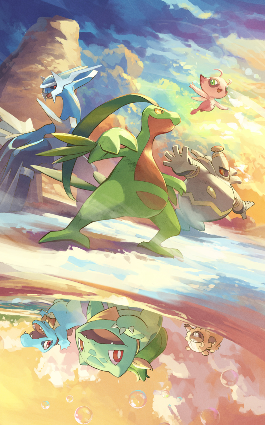 :d, alternate_color, bidoof, blue_skin, bright_pupils, bubble, bulbasaur, celebi