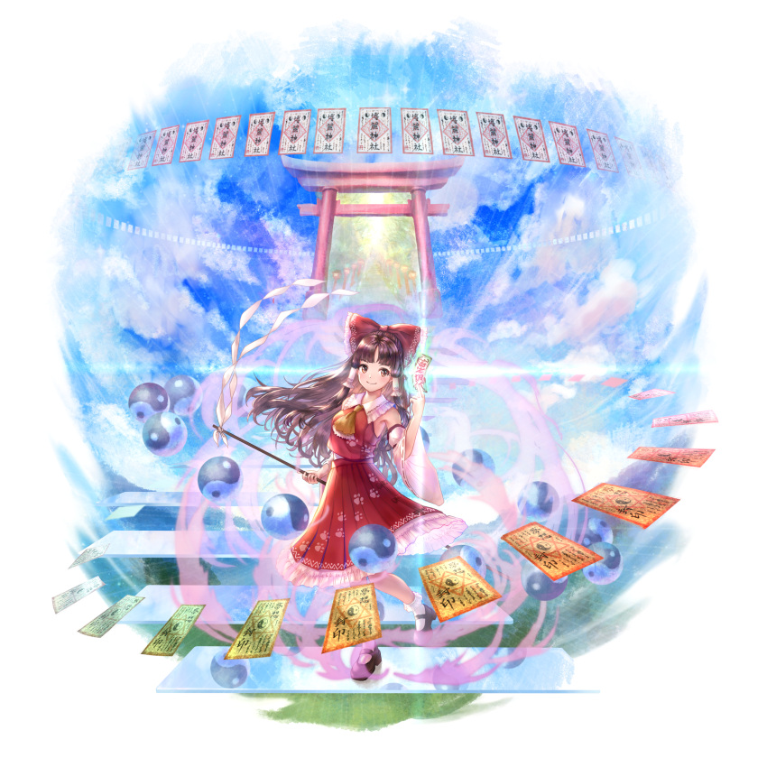 1girl, absurdres, ascot, blue_sky, bow, brown_eyes, brown_hair, clouds