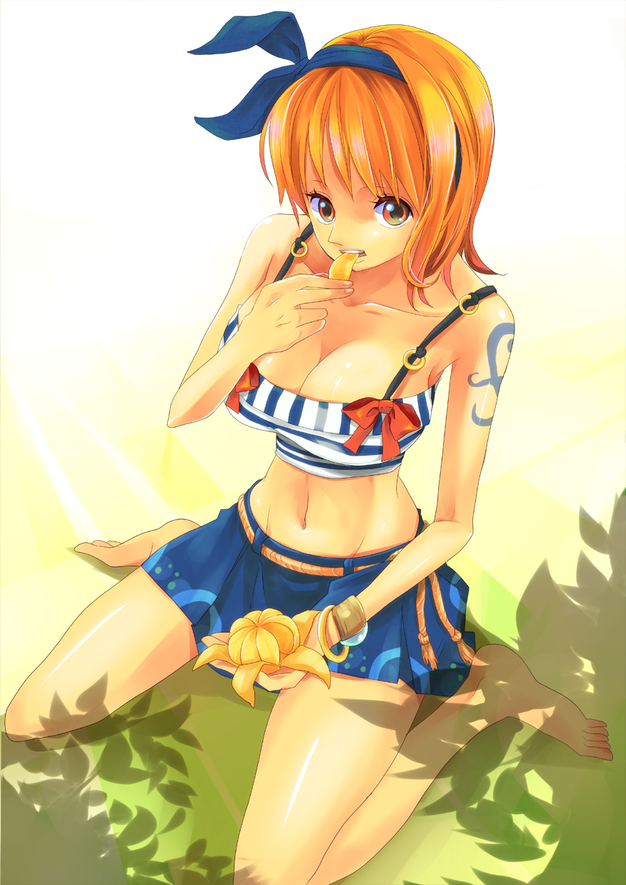 bracelet, breasts, cleavage, eating, food, fruit, highres, himerinco