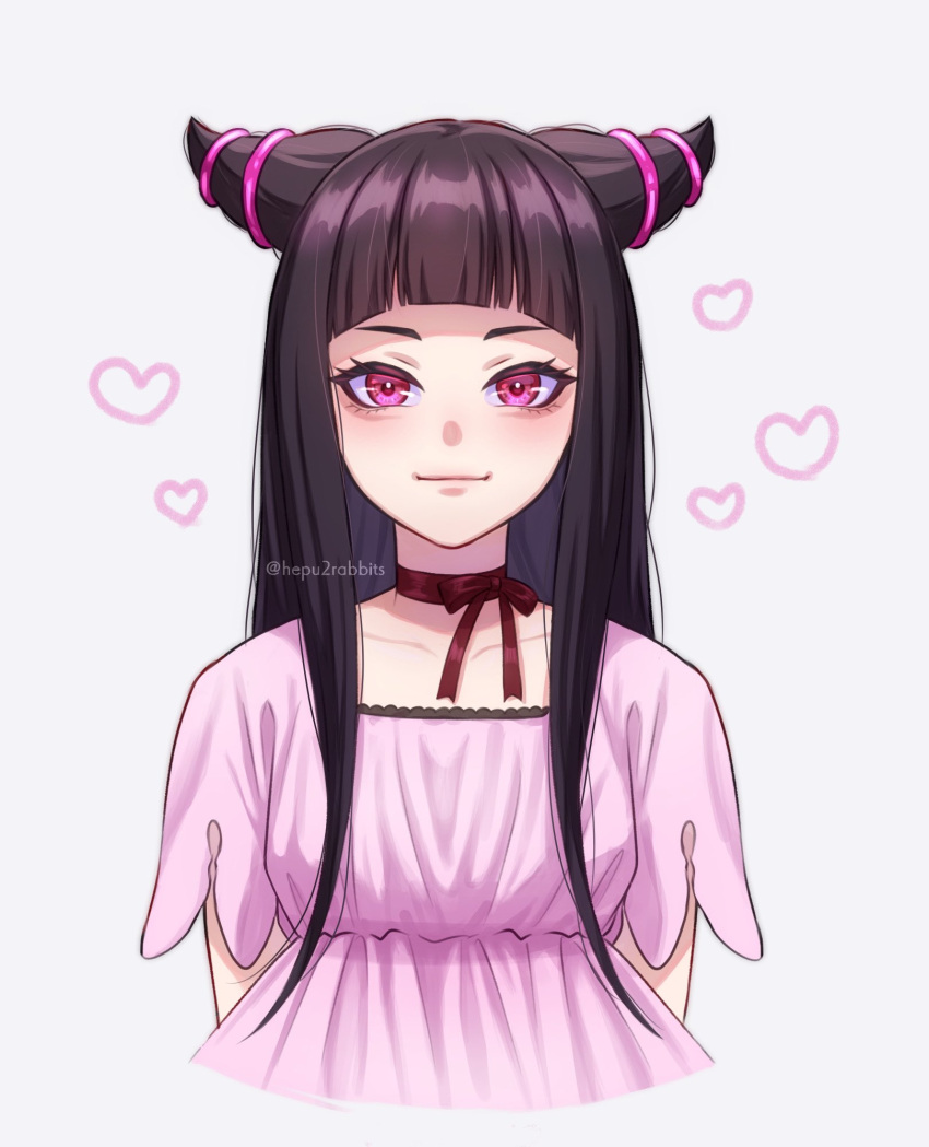 1girl, alternate_costume, arched_bangs, arms_behind_back, artist_name, black_hair, choker, closed_mouth