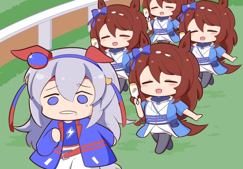 5girls, animal_ears, blue_bow, blue_eyes, blue_hairband, blue_jacket, blue_shirt, bow