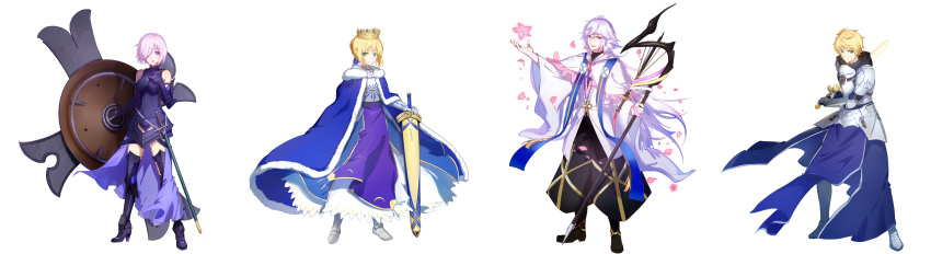 2boys, 2girls, absurdres, ahoge, arm_up, armor, armored_boots, armored_dress, arthur_pendragon_(fate), artoria_pendragon_(fate), avalon_(fate/stay_night), black_footwear, black_hood, black_pants, black_shirt, blonde_hair, blue_cloak, blue_dress, blue_stole, boobplate, boots, braid, breastplate, breasts, cloak, closed_mouth, crown, dress, excalibur_(fate/prototype), excalibur_(fate/stay_night), fate/grand_order, fate_(series), faulds, flower, full_body, fur-trimmed_cloak, fur_trim, gauntlets, green_eyes, grey_hair, hair_between_eyes, hair_ornament, hair_over_one_eye, hair_ribbon, hand_on_own_chest, high_heel_boots, high_heels, highres, holding, holding_shield, holding_staff, holding_sword, holding_weapon, hood, hood_down, long_hair, long_sleeves, looking_at_viewer, lord_camelot_(fate), mash_kyrielight, medium_breasts, merlin_(fate), multiple_boys, multiple_girls, one_eye_covered, pants, pauldrons, petals, pink_flower, pink_hair, puffy_pants, ribbon, robe, saber_(fate), sheath, sheathed, shield, shirt, short_hair, shoulder_armor, simple_background, smile, staff, stole, sword, very_long_hair, violet_eyes, weapon, white_background, white_robe, wide_sleeves, xuehua