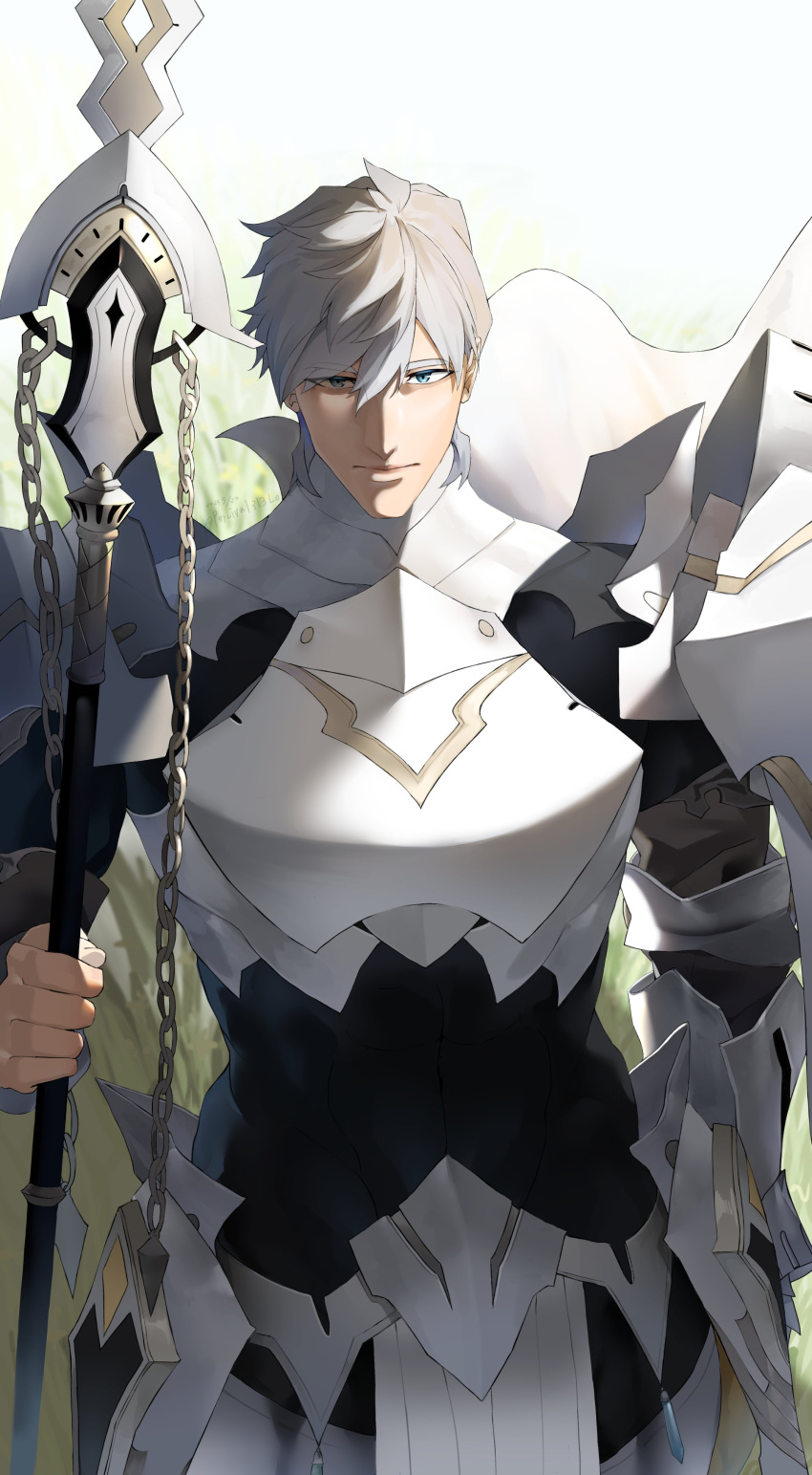1boy, absurdres, armor, blue_eyes, chain, dated, fate/grand_order, fate_(series), grey_hair, highres, holding, holding_polearm, holding_weapon, ironmanhshs, male_focus, pauldrons, percival_(fate), polearm, shoulder_armor, spear, twitter_username, weapon