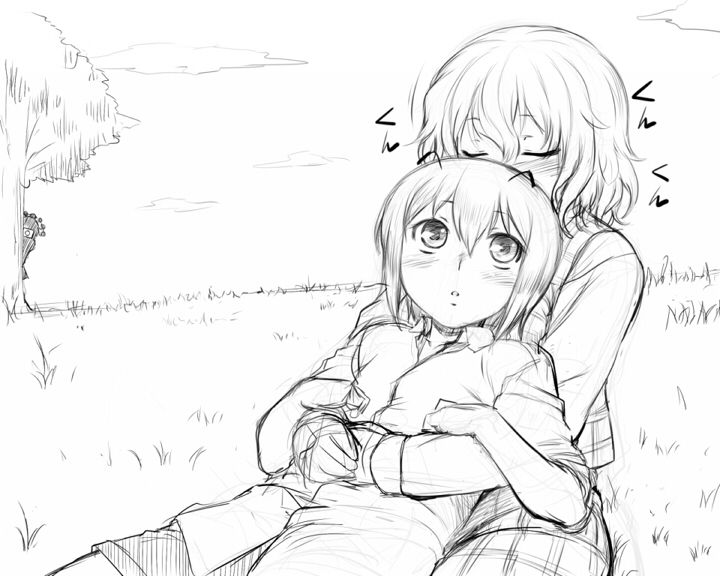 androgynous, antennae, blush, closed_eyes, dr.p, hug, hug_from_behind, kazami_yuuka, monochrome, multiple_girls, paparazzi, peeking_out, plaid, plaid_skirt, plaid_vest, shameimaru_aya, silhouette, sketch, skirt, skirt_set, sniffing_hair, touhou, wriggle_nightbug, yuri
