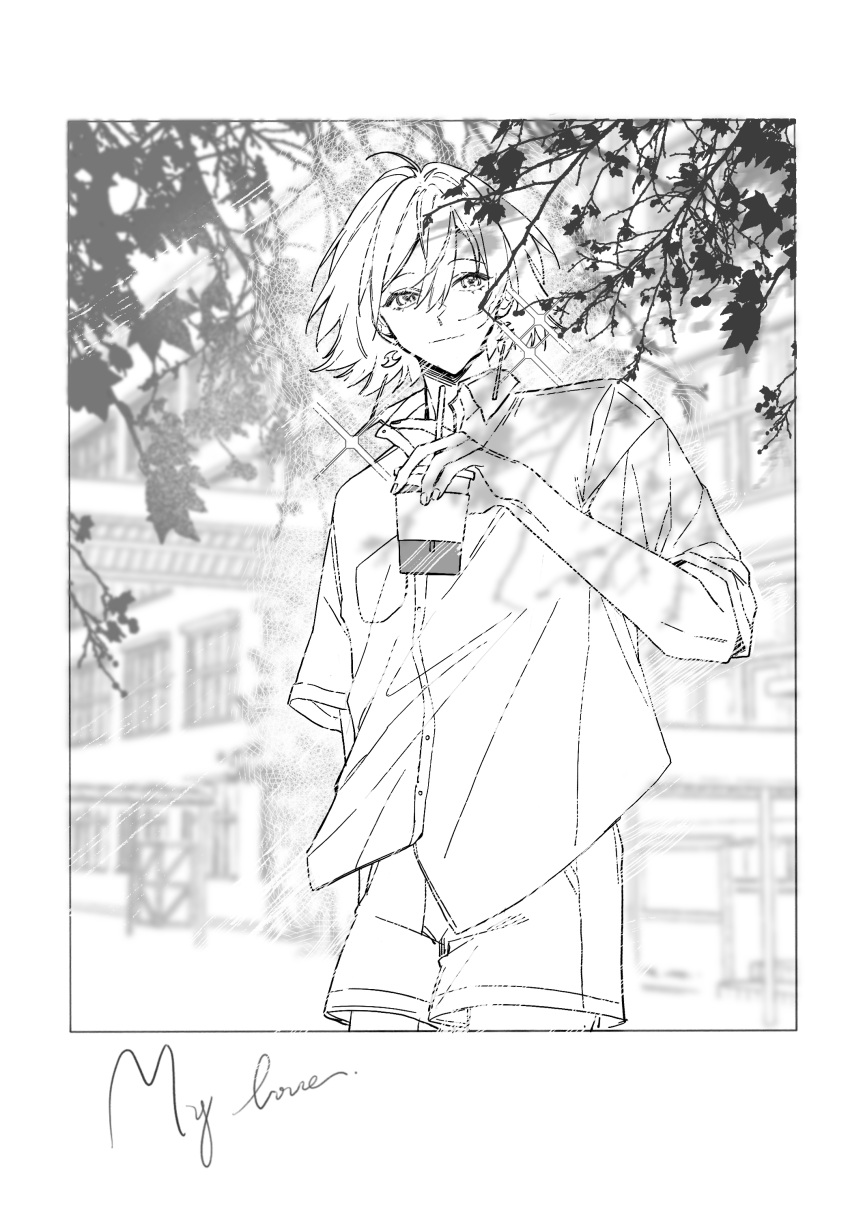 1boy, absurdres, bishounen, border, building, buttons, chinese_commentary, closed_mouth, collared_shirt, commentary_request, cowboy_shot, cup, disposable_cup, drink, earrings, english_commentary, english_text, greyscale, hair_between_eyes, highres, holding, holding_drink, jewelry, looking_at_viewer, male_focus, mixed-language_commentary, monochrome, onmyoji, outdoors, pocket, shirt, short_hair, short_sleeves, shorts, smile, solo, sparkle, taishakuten_(onmyoji), tree, white_border, xianxianmmainiaaa