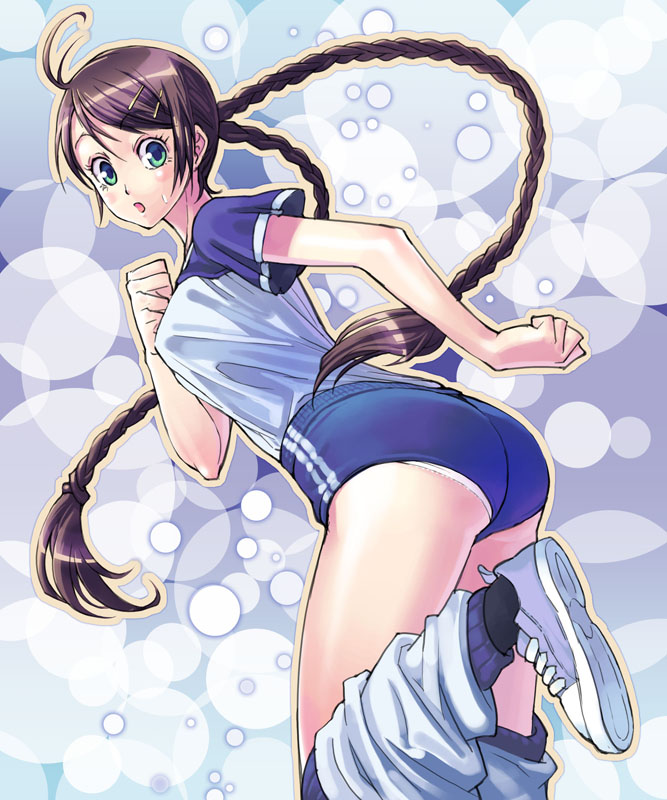 amanchu!, blush, braid, brown_hair, buruma, green_eyes, gym_uniform, looking_back