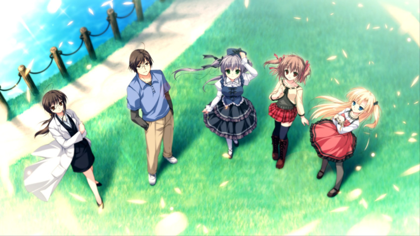 1boy, 4girls, blonde_hair, blue_eyes, boots, brown_eyes, brown_footwear, brown_hair