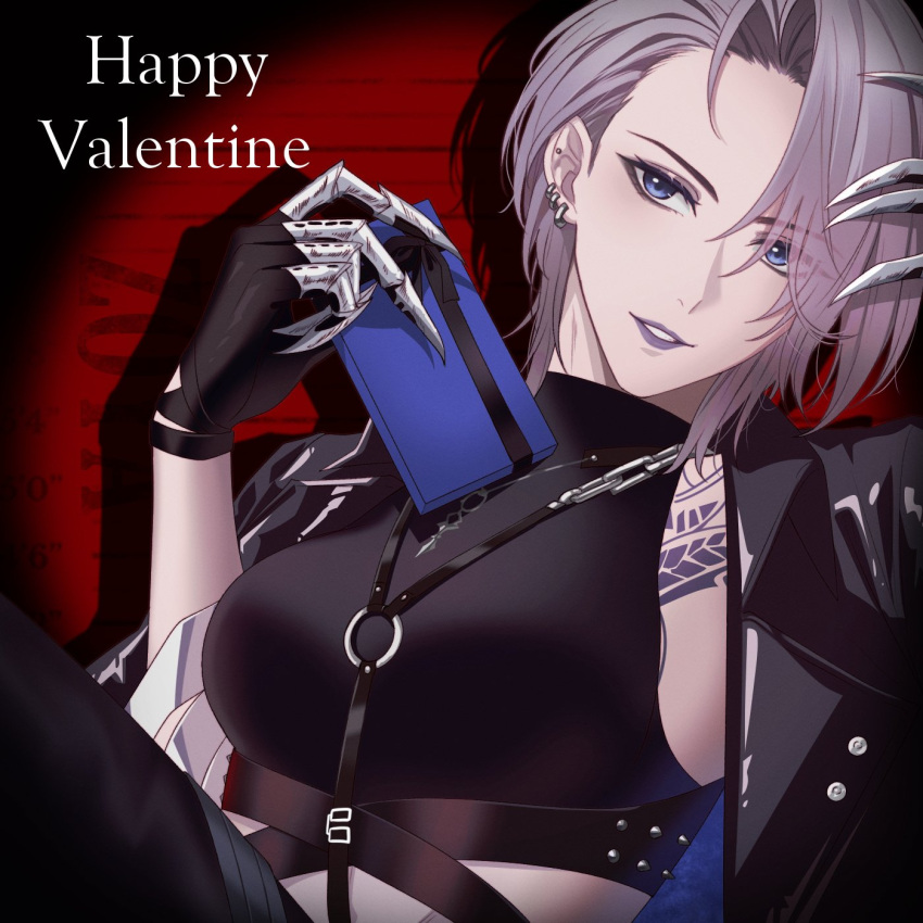 1girl, angon623, black_gloves, black_jacket, black_shirt, blue_eyes, box, breasts