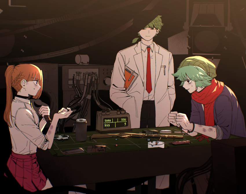 2boys, absurdres, aqua_hair, black_pants, blue_jacket, bruise, buckshot_roulette, cable